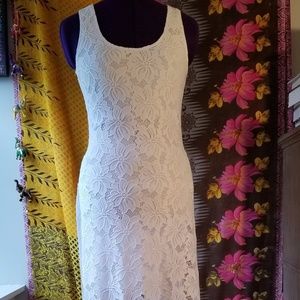 Floor Length, White, Lacey, High-Slit Dress